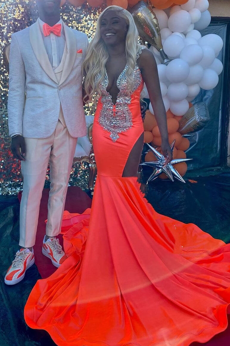 Elegant Long Mermaid V-neck Satin Silver Beaded Prom Dresses