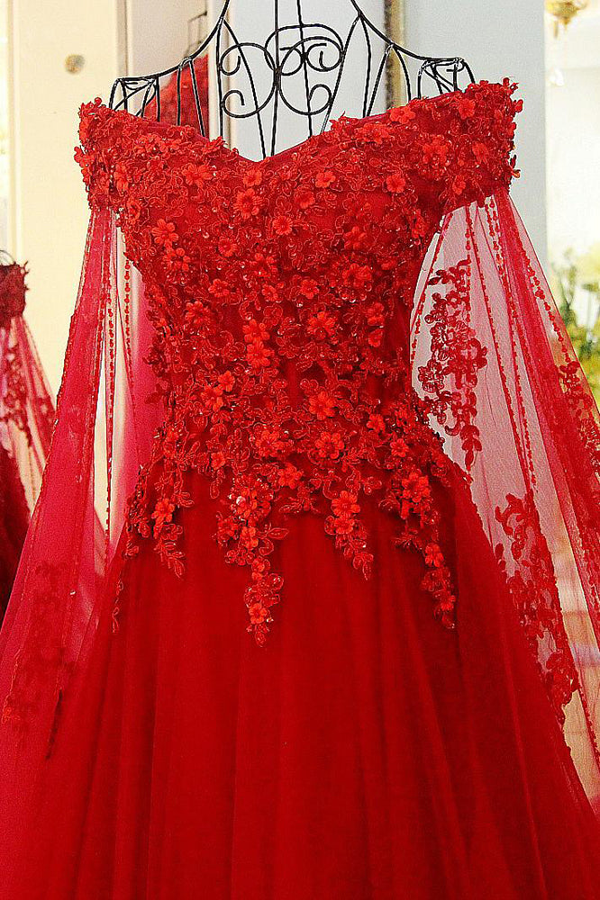 Charming Long Off the Shoulder Appliques Beading Tulle A-Line Prom Dress