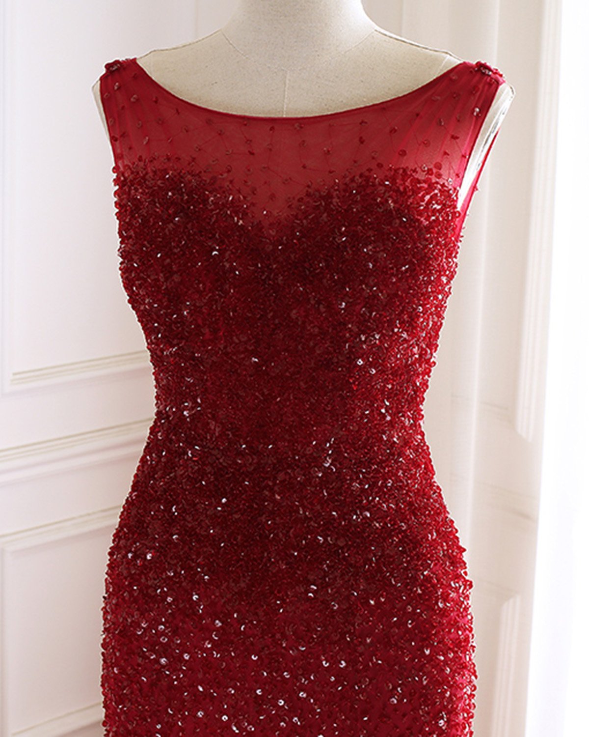 Burgundy Long Tulle Open Back Beaded Mermaid Prom Dress