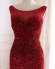 Burgundy Long Tulle Open Back Beaded Mermaid Prom Dress