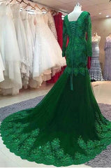 Gorgeous Long Sleeve V-neck Appliques Lace Beading Tulle Mermaid Prom Dress
