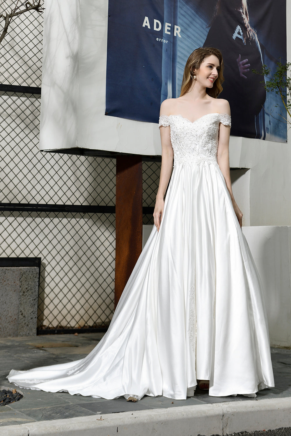 Elegant Long A-line Off the Shoulder Lace Satin Wedding Dresses