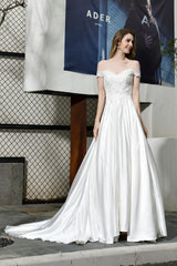 Elegant Long A-line Off the Shoulder Lace Satin Wedding Dresses