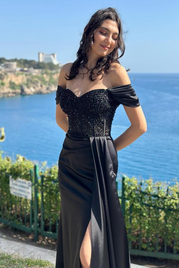 Long Mermaid Off The Shoulder Satin Black Prom Dress with Slit