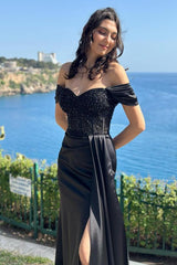 Long Mermaid Off The Shoulder Satin Black Prom Dress with Slit