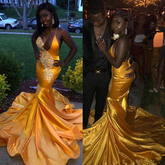 Long V-neck Spaghetti Straps Lace Satin Mermaid Prom Dress