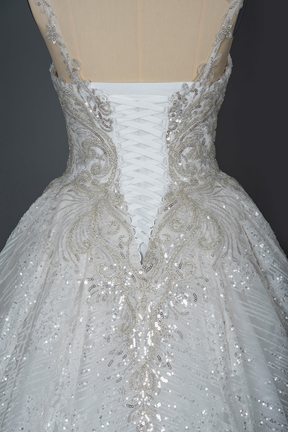 Long Straps Sequins Sweetheart Pleated Ball Gown Wedding Dresses