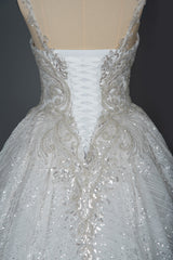 Long Straps Sequins Sweetheart Pleated Ball Gown Wedding Dresses