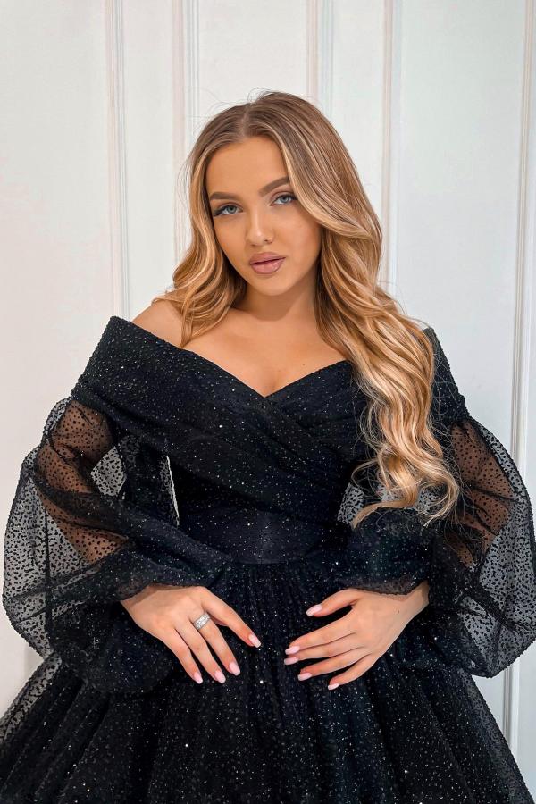 Sequin Off The Shoulder Long Sleeve A Line Tulle Party Dress