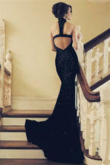 Long High Neck Sequin Mermaid Black Prom Dress