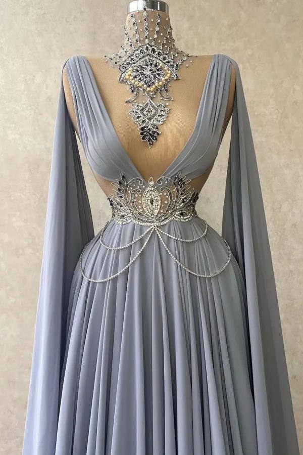Long A-line V-neck Beading Chiffon Formal Prom Dresses