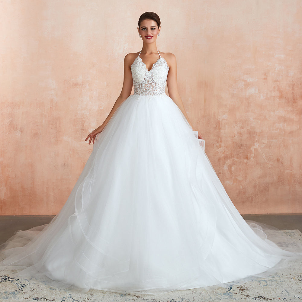 Long Ball Gown Halter Open Back Appliques Tulle Wedding Dress
