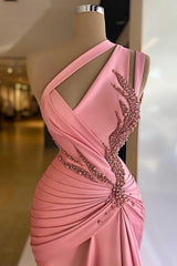Stunning Long Mermaid One Shoulder Sleeveless Satin Beads Formal Prom Dresses