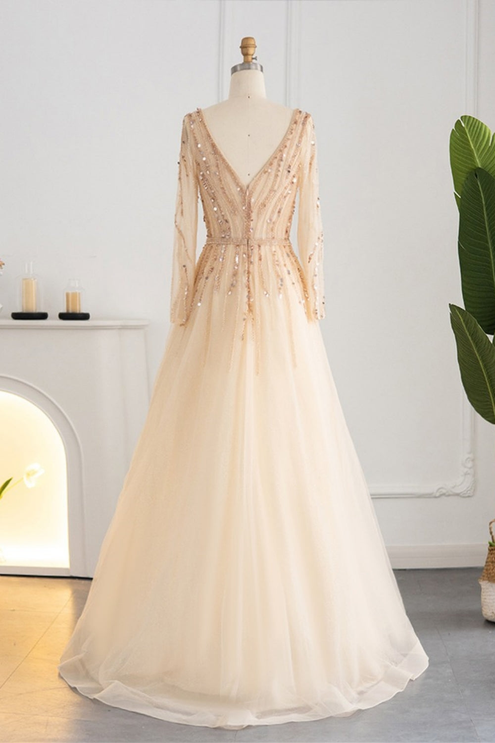 Long A-line V-neck Sequins Beading Tulle Formal Prom Dresses with Sleeves