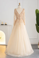 Long A-line V-neck Sequins Beading Tulle Formal Prom Dresses with Sleeves