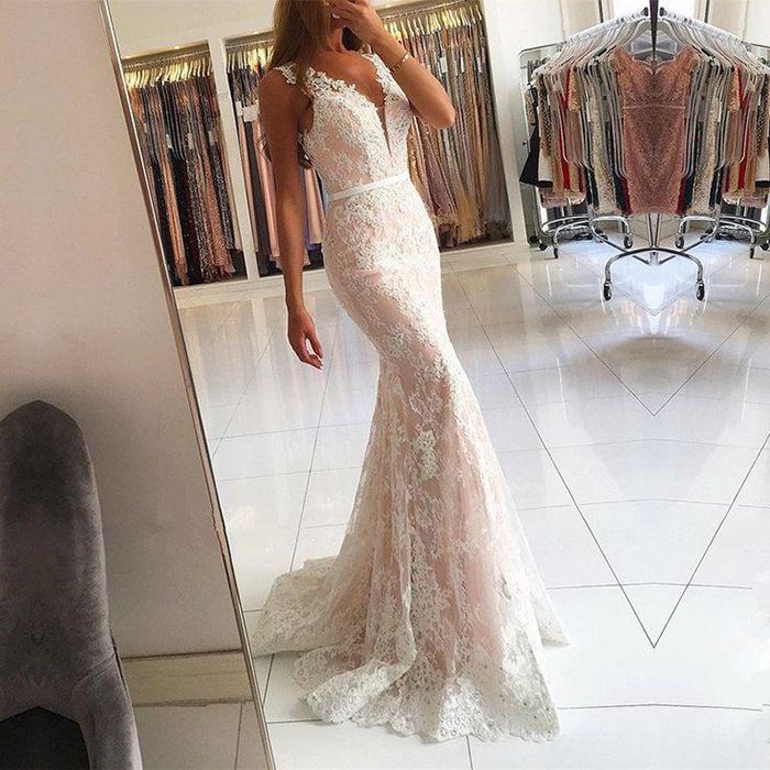 Long V-neck Wide Straps Lace Floor Length Mermaid Prom Dress