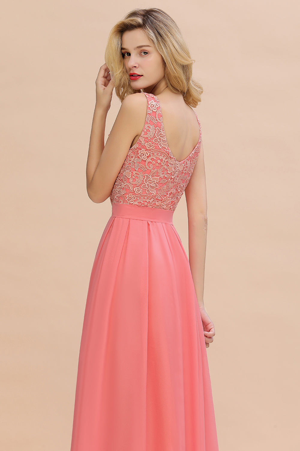 Long Bateau Sleeveless A-Line Ruffles Floor Length Chiffon Bridesmaid Dress