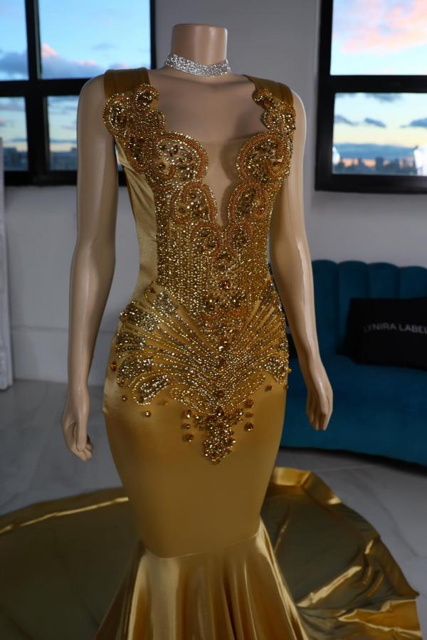 Sexy Gold V-neck Satin Long Mermaid Prom Dress with Beads