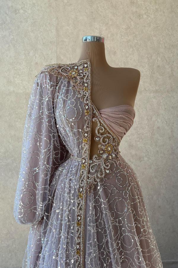 Long Sleeve A-line One Shoulder Tulle Long Formal Prom Dresses with Appliques