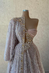 Long Sleeve A-line One Shoulder Tulle Long Formal Prom Dresses with Appliques