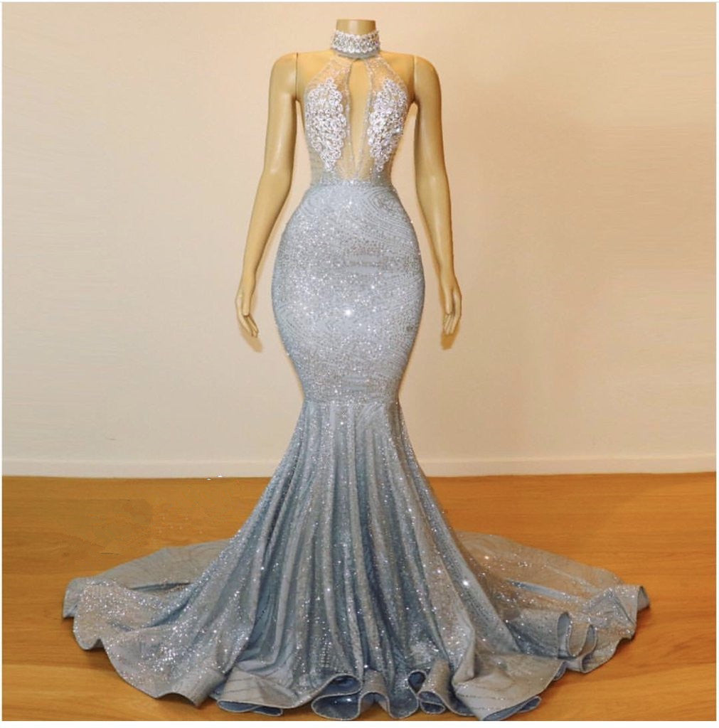 Long Mermaid Halter Sleeveless Backless Prom Dress