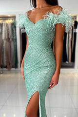 Elegant Long Mermaid Off the Shoulder Glitter Formal Prom Dresses with Slit