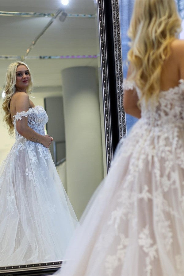 Modern Long A-line Off the Shoulder Tulle Lace Wedding Dress with slit