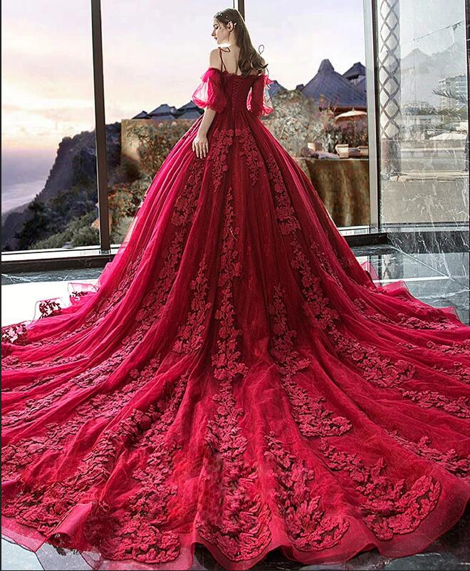 Gorgeous Off the Shoulder Spaghetti Straps Appliques Lace Prom Dress with Sleeves