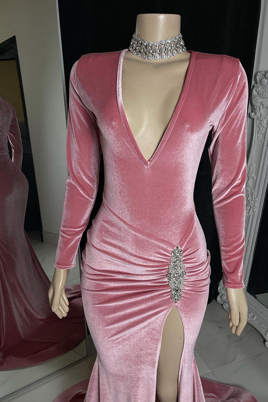 Mermaid V-neck Long Sleeves Velvet Formal Evening Dresses with High Split