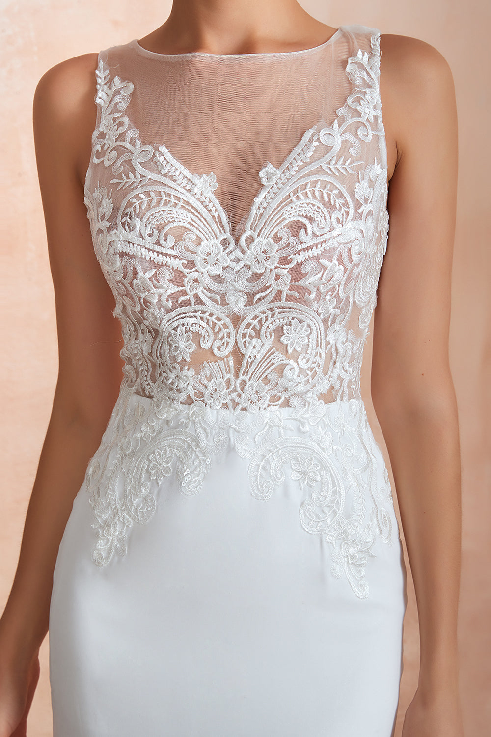 Chic Long Applique Lace Satin Tulle Mermaid Wedding Dress