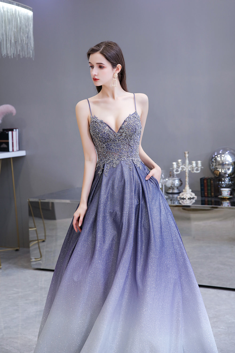 Elegant Long A-line V-neck Spaghetti Straps Appliques Beads Formal Evening Dress