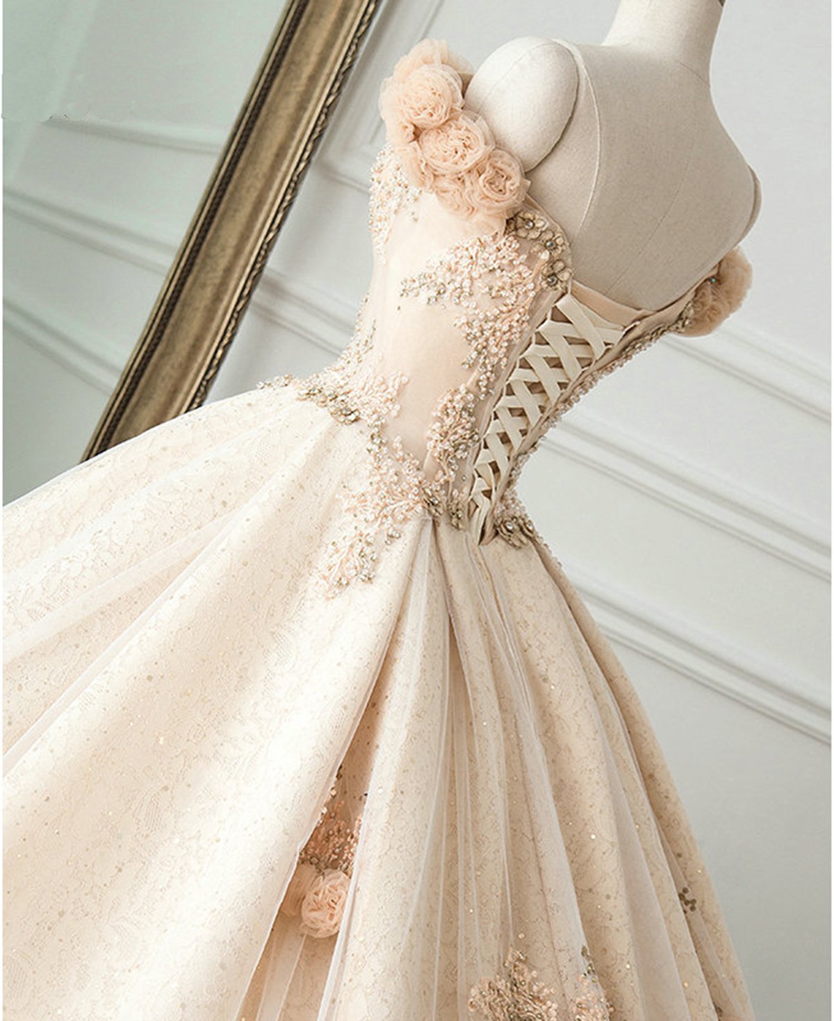 Ball Gown Long Champagne Lace Off Shoulder Court Train Beaded Wedding Dress