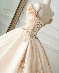Ball Gown Long Champagne Lace Off Shoulder Court Train Beaded Wedding Dress