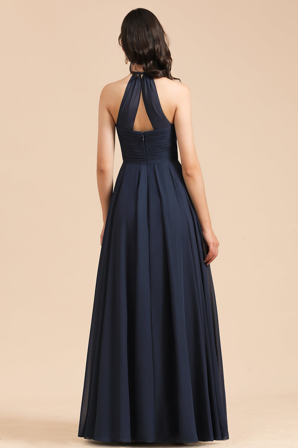 Long A-line Halter Chiffon Dark Navy Wedding Guest Dresses