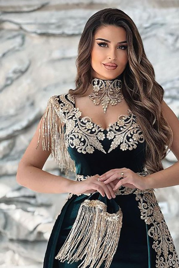 Long Mermaid Velvet Front Slit Formal Formal Evening Dresses with Gold Lace Appliques