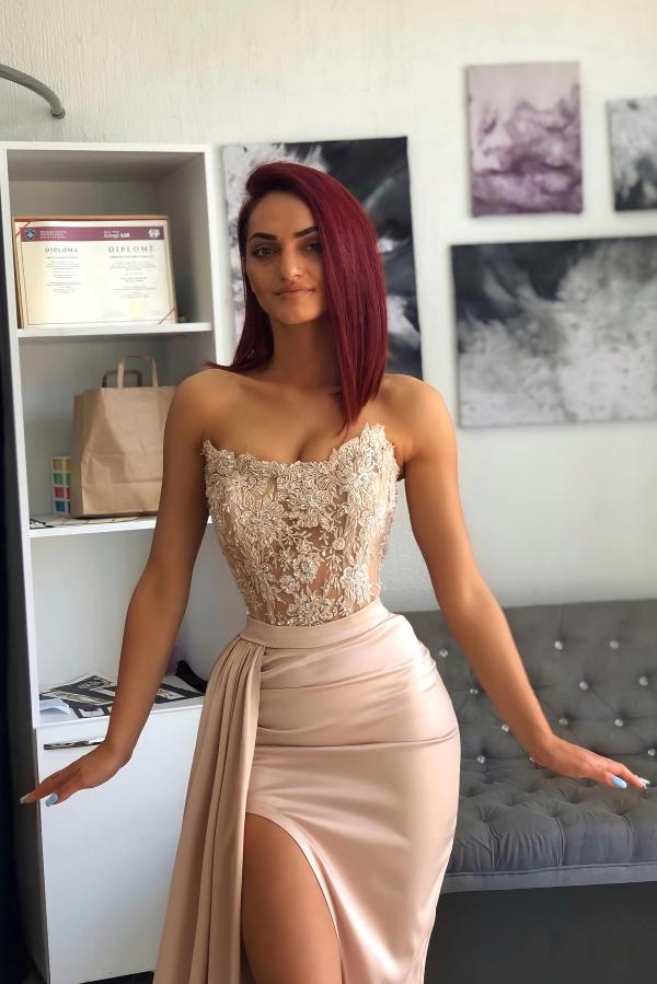 Long Mermaid Satin Lace Floor Length Prom Dress with High Split