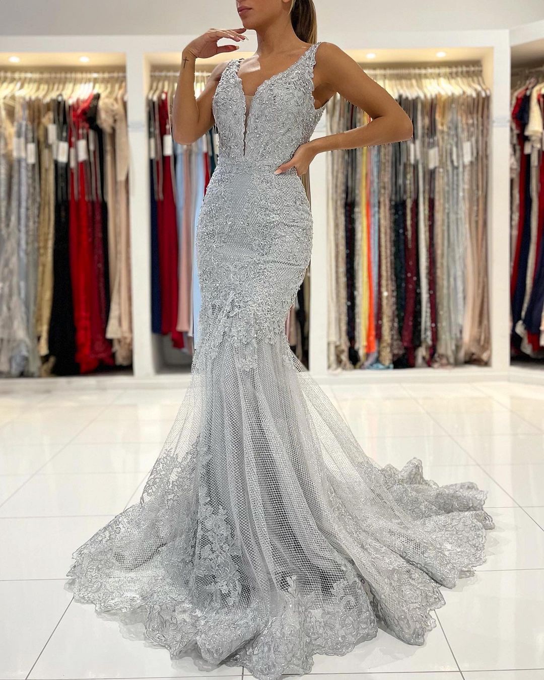 Long Mermaid V-neck Tulle Ruffles Lace Open Back Prom Dress