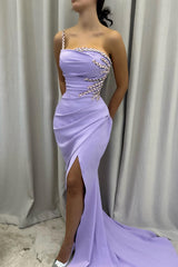 One Shoulder Long Satin Mermaid Prom Dress with Split Front