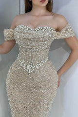 Sweetheart Off The Shoulder Mermaid Long Tulle Formal Prom Dress with Beads