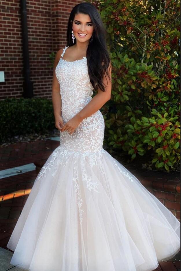 Long Spaghetti Straps Backless Appliques Lace Tulle Ruffles Mermaid Prom Dress