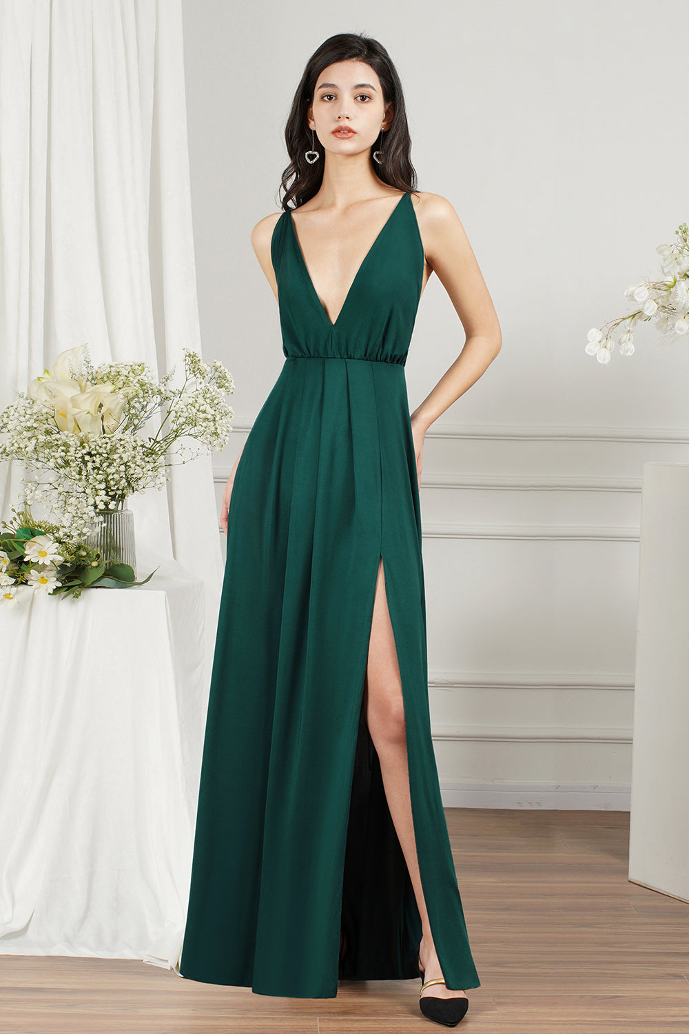 Simple A-line V-neck Backless Floor Length Formal Dress With Split
