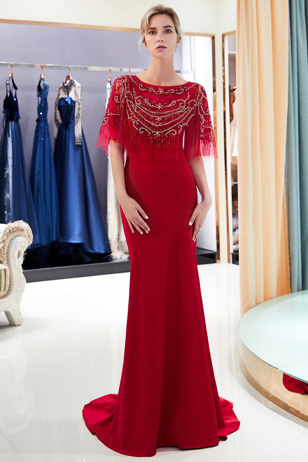 Red Long Jewel Satin Mermaid Formal Evening Dresses