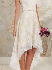 High Low A-Line Spaghetti Strap Asymmetrical Lace Tulle Sleeveless Wedding Dresses