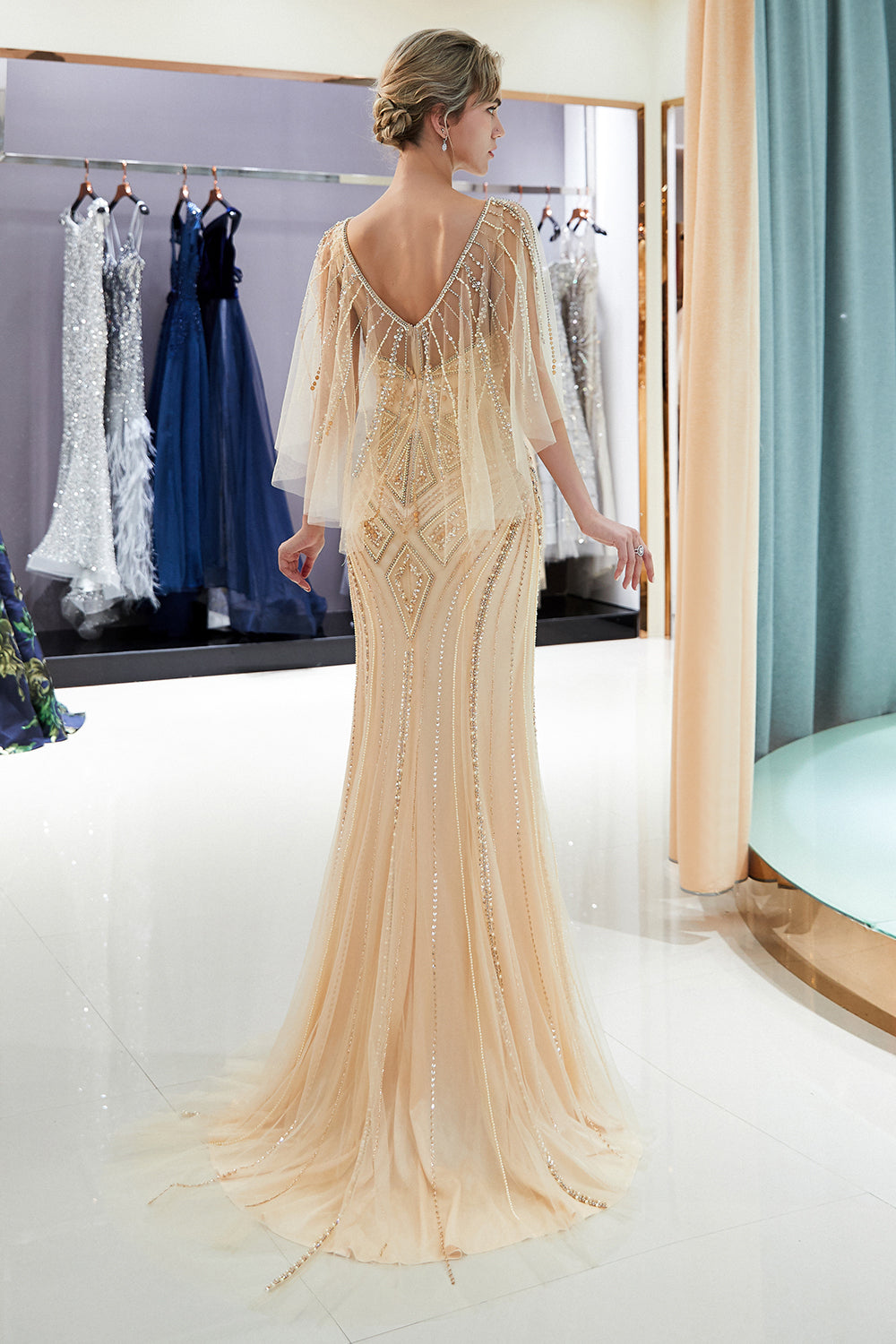 Chic Long Jewel Tulle Mermaid Backless Evening Formal Dresses with Sleeves