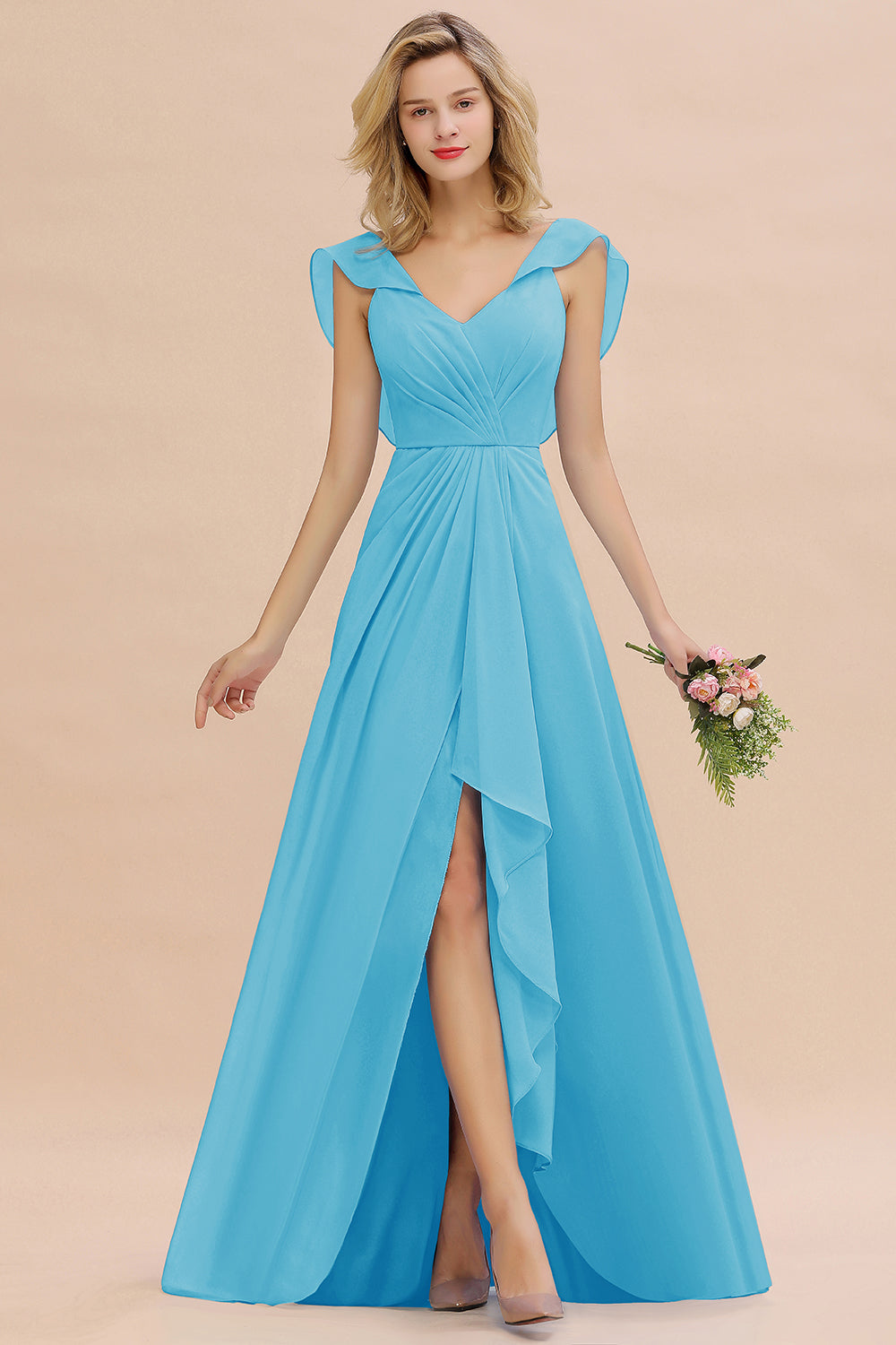 Simple High Low A-line V-Neck Ruffles Chiffon Bridesmaid Dress