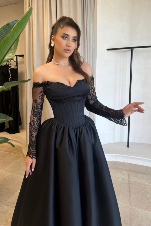 Black Long A-line Off the Shoulder Satin Prom Dresses with Lace Sleeves