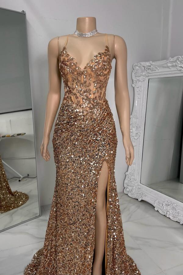 Mermaid Long Spaghetti Straps V Neck Backless Prom Dress with Slit