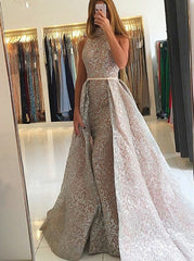 Long High Neck Sequins Floor Length Mermaid Prom Dress With Train