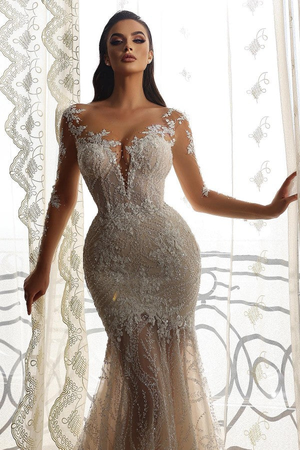 Long Mermaid Sweetheart Tulle Lace Wedding Dresses with Sleeves