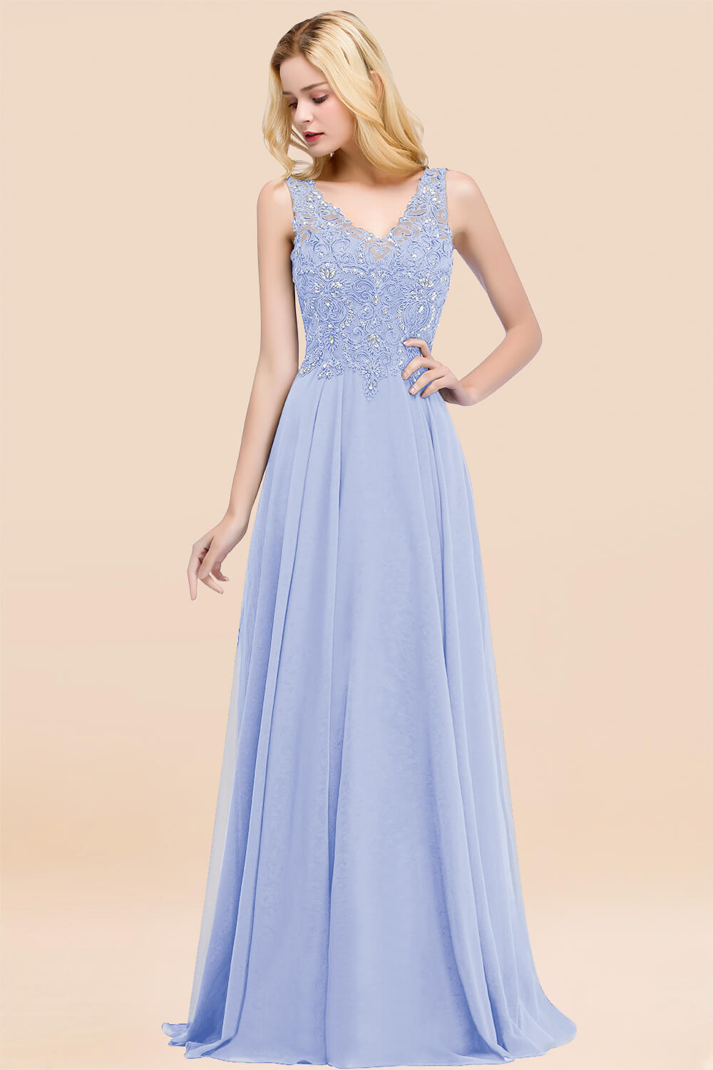 A-line Chiffon Appliques V-neck Sleeveless Floor Length Bridesmaid Dresses with Crystals